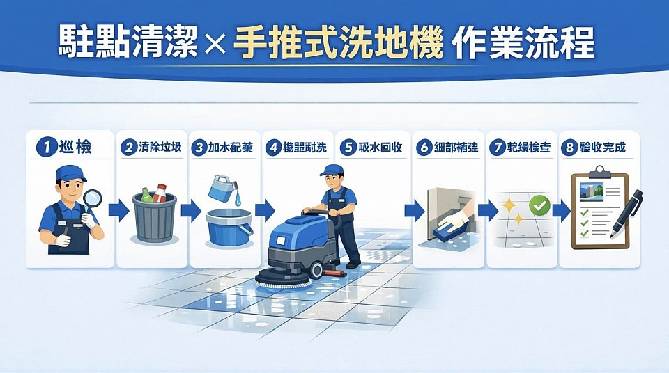 駐點清潔、使用洗地機作業流程